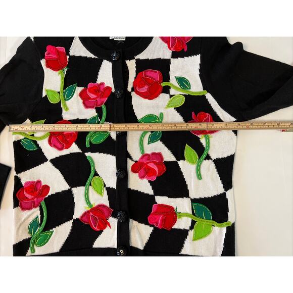 Embellished Red Roses Check Cardigan Sequin Size Small Black White Embroidery - Picture 13 of 16